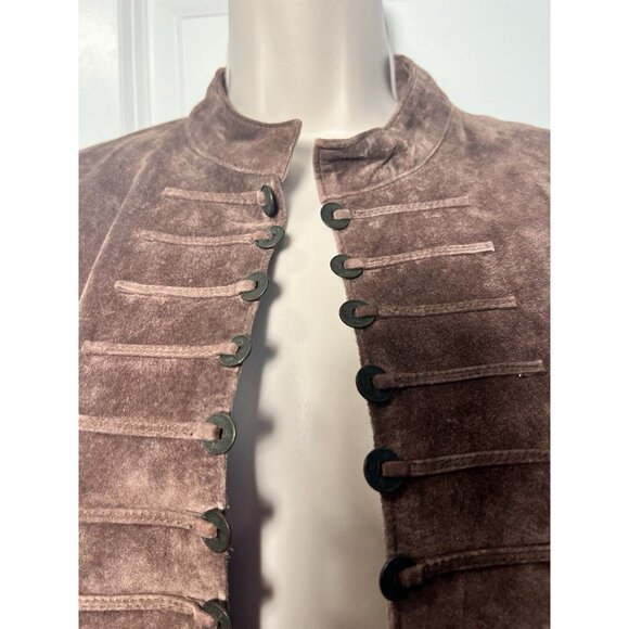Chicos Sz 2 (12) Brown Suede Leather Jacket Blazer Asian Coin Style Women’s Coat - Picture 4 of 10